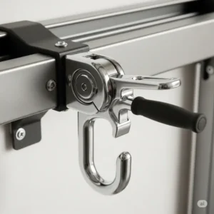 Close-up view of an innovative hook mechanism on a bike garage rack wall, designed for secure and easy bicycle mounting.