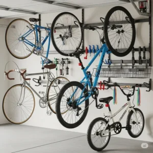 Illustrates various bicycle types, including road, mountain, and kids' bikes, efficiently stored on a versatile bike garage rack wall system.