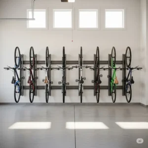 Interior shot of a garage showcasing a neatly organized bike garage rack wall, demonstrating how it maximizes floor space and declutters the area.