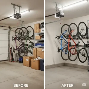 Illustration focusing on a durable bike garage rack wall constructed from heavy-duty steel, emphasizing its robust and long-lasting design.