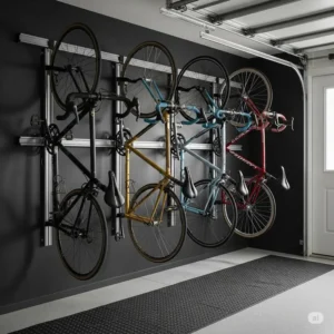 A complete bike storage solution featuring a modern bike garage rack wall system, neatly organizing multiple bicycles and accessories in a compact space.