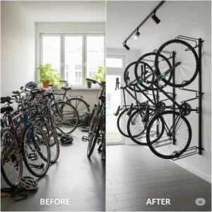 Before and after comparison showing how a wall mounted bike rack transforms a cluttered space into an organized area.