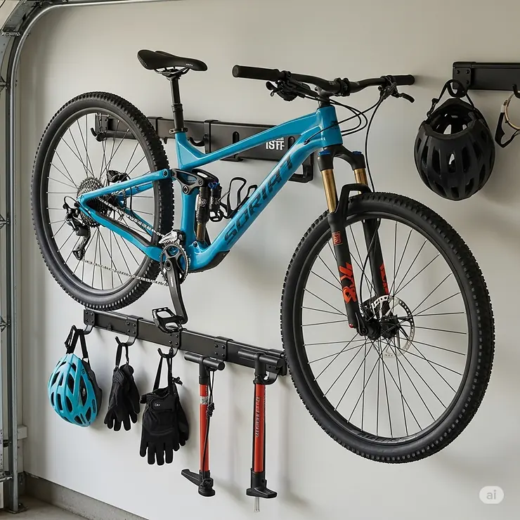 A versatile mountain bike wall mount with hooks for hanging helmets and bike accessories, creating a complete and organized cycling station.