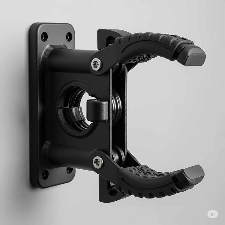 Close-up of an empty, heavy-duty mountain bike wall mount, emphasizing its robust design and secure grip for bicycle storage.