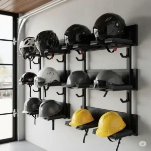 A product image showcasing two black spherical metal wall-mounted helmet holders, one holding a white motorcycle helmet, with installation accessories neatly displayed on a white background. Perfect for compact helmet and armor storage.
