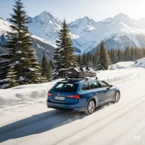 A car with a ski carrier on its roof driving through a scenic snowy mountain road