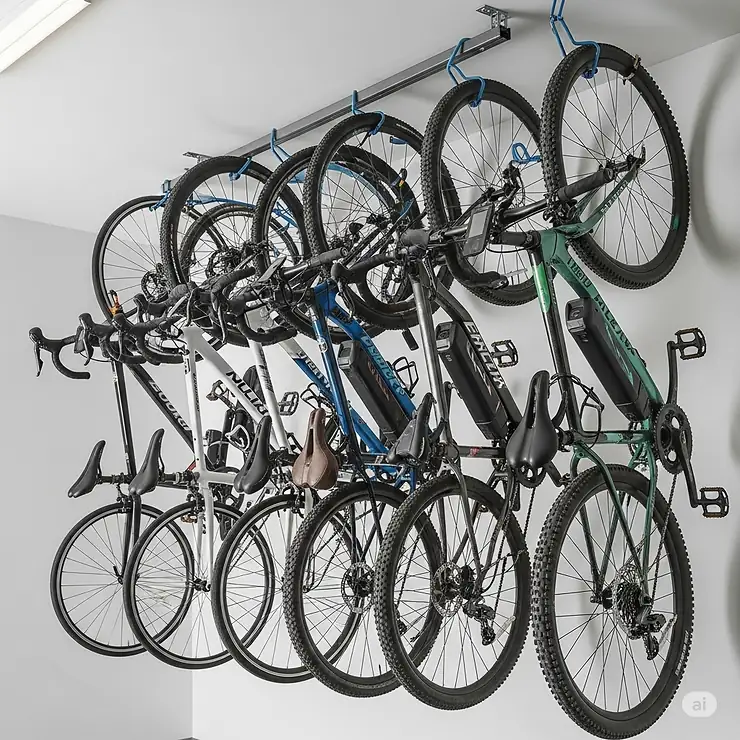 Various bike types, including road, mountain, and electric bikes, neatly stored on a versatile ceiling bike rack.