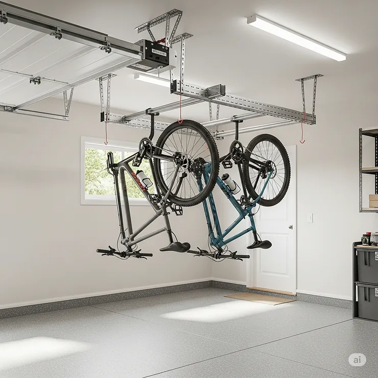 Secure ceiling bike rack storing two mountain bikes, maximizing garage floor space.