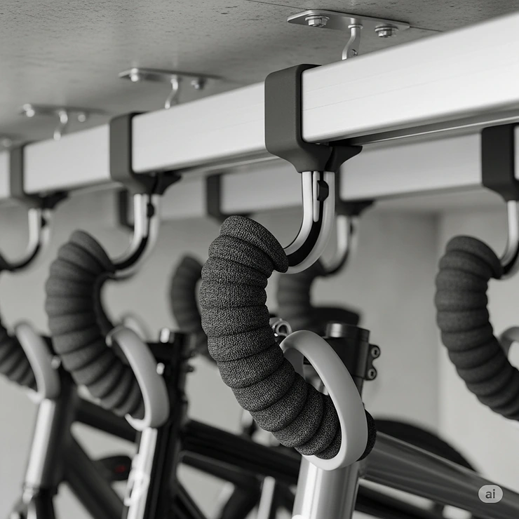 Close-up of padded hooks on a ceiling bike rack, securely holding bicycle frames without damage.