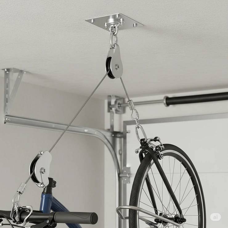 Detail of a ceiling bike racks pulley system, effortlessly lifting bicycles for overhead storage.