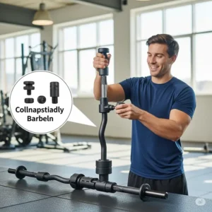 User easily assembling a collapsible barbell, highlighting its quick and intuitive setup.