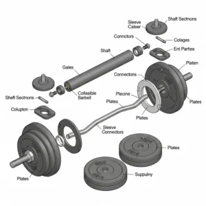 Exploded view of a collapsible barbell, showing its individual parts for easy assembly and disassembly.