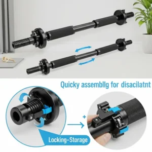Collapsible barbell for compact home gym workouts, easily disassembled for storage.