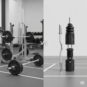 Side-by-side comparison of a traditional barbell with a compact, disassembled collapsible barbell, illustrating space efficiency.