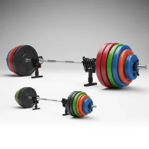 Collapsible barbell loaded with diverse weight plates, demonstrating its adaptability for different strength training exercises.