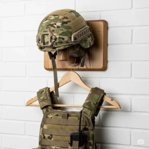 A concise wooden wall-mounted tactical gear hanger with a helmet rest and a hook for a vest, displaying a camouflage military helmet and tactical vest on a white brick wall. Ideal for streamlined armor and helmet storage.
