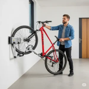Person effortlessly loading a bicycle onto an easy-to-use wall mounted bike rack.