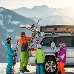A family loading skis into a roof-mounted ski box on their SUV, preparing for a ski trip.