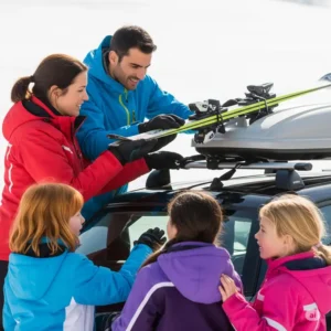 A family loading their skis into a convenient ski carrier attached to the roof of their vehicle