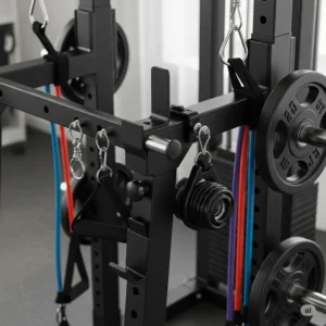 Close-up view of a folding weight rack with various compatible attachments and accessories.