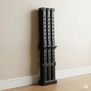 Space-saving folding weight rack neatly folded against a wall, showcasing its compact storage capabilities.