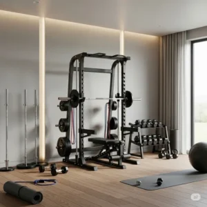 Modern home gym interior featuring a functional folding weight rack as the centerpiece of the workout area.