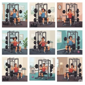 Multiple illustrations showing different exercises performed using a versatile folding weight rack.