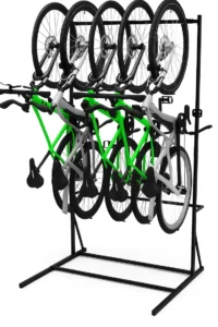 The G-Adventure black freestanding bike rack holds four bicycles, which are mounted vertically by their front wheels in an alternating, space-efficient arrangement.