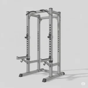 An illustration of a compact squat rack, showing its J-hooks and base, demonstrating its minimalist design ideal for squats and overhead presses.