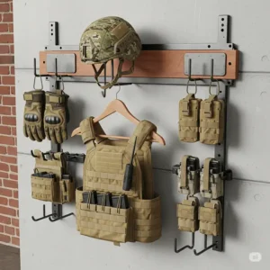A practical wall-mounted tactical gear rack system of metal and wood, holding a camouflage military helmet, a tactical vest on a wooden hanger, and various accessories like gloves and pouches. The background features a partially visible red brick and concrete wall, demonstrating smart armor and helmet storage.