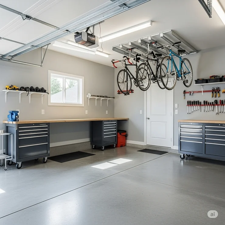 Optimized garage space with a ceiling bike rack, demonstrating efficient overhead bicycle storage.