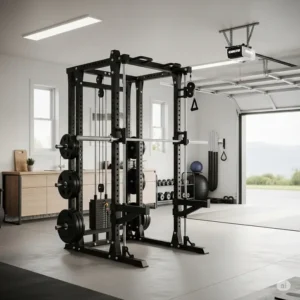 A compact squat rack with an integrated pulley system, set up in a modern garage gym, optimizing space for home workouts.