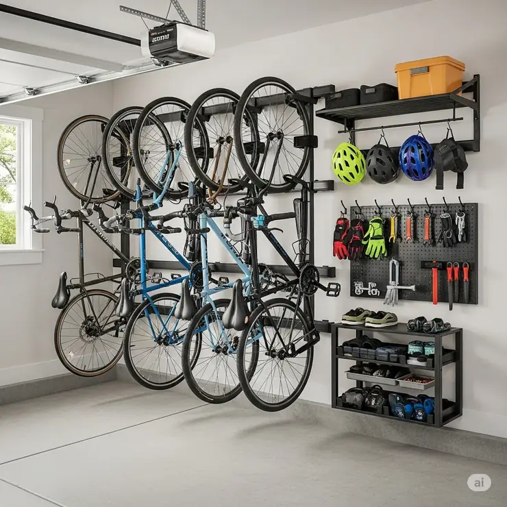 Efficient garage wall mounted bike rack providing organized storage for multiple bicycles and gear.