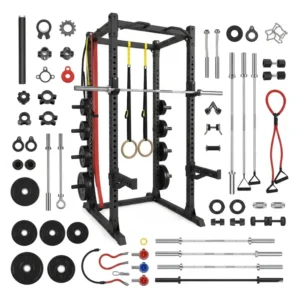 Various attachments and accessories compatible with a half rack, showcasing its versatility for different exercises.