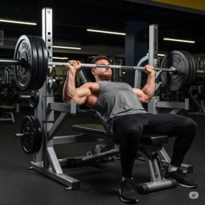 Person performing a bench press with a barbell secured on a half rack's adjustable J-cups, ensuring safety during heavy lifts.
