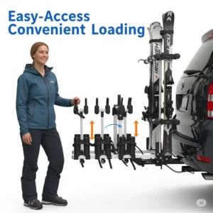 Easy-to-access hitch-mounted ski rack for convenient ski loading.