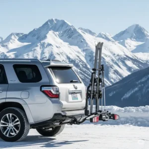  A silver SUV with skis loaded onto a Thule hitch ski rack, parked in front of snow-covered mountains, ready for a ski trip.