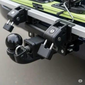 Detailed view of the integrated locking system on a hitch ski rack, emphasizing protection against theft for skis and the rack itself.