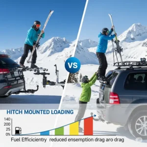 Visual comparison between a hitch-mounted ski rack and a roof-mounted ski rack, showcasing the advantages of a hitch system for ease of loading and fuel efficiency.