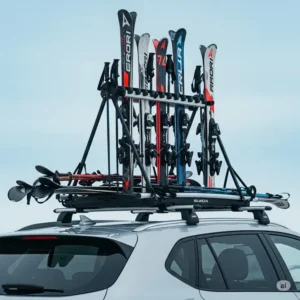 Various skis and poles neatly loaded inside a roof-mounted ski carrier.