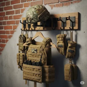 A durable metal and wood wall-mounted tactical gear rack displaying a camouflage military helmet, a tactical vest on a wooden hanger, gloves, and pouches. The background shows a red brick and concrete wall, highlighting organized armor and helmet storage.