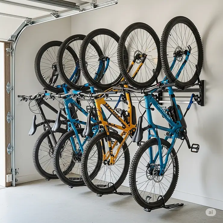 An innovative multi-bike wall mount system holding several mountain bikes, perfect for families or avid cyclists needing efficient garage organization.