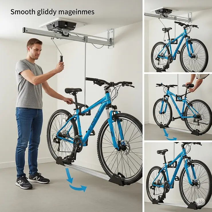 User-friendly operation of a ceiling bike rack, demonstrating easy lowering and raising of a bicycle.