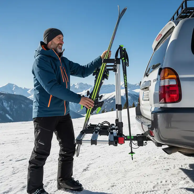 A person effortlessly loading a pair of alpine skis onto a swing-away hitch ski rack, demonstrating ease of access and loading.