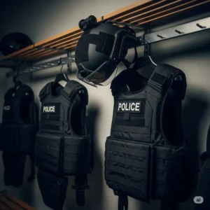 A police locker room scene featuring black tactical helmets and vests hanging on a metal rack, illustrating robust armor and helmet storage for law enforcement.