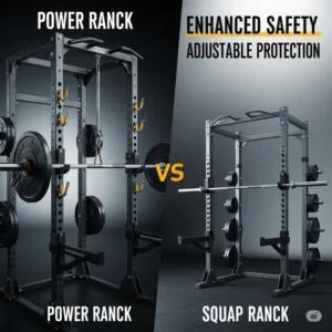 A visual comparison emphasizing the enhanced safety features of a power rack's full cage design with adjustable safety pins, contrasted with the open spotter arms of a squat rack.