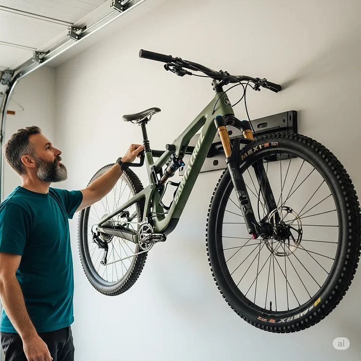 A cyclist proudly admiring their mountain bike beautifully displayed on a wall mount, highlighting the aesthetic appeal and efficient use of space.