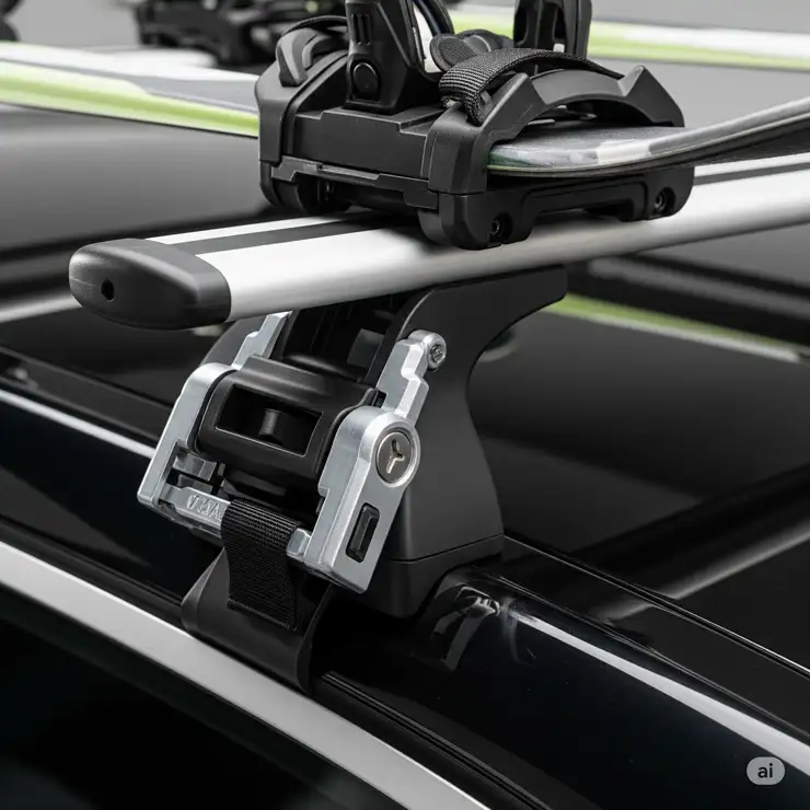 Detailed view of the secure locking system of a ski carrier attached to a car roof.