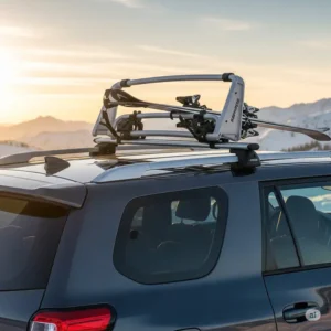 A silver ski carrier securely mounted on the roof of a dark SUV, ready for winter adventures.