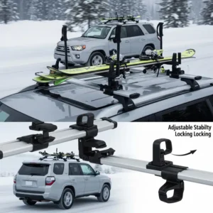 Ski rack specifically designed for SUV compatibility and secure transport.